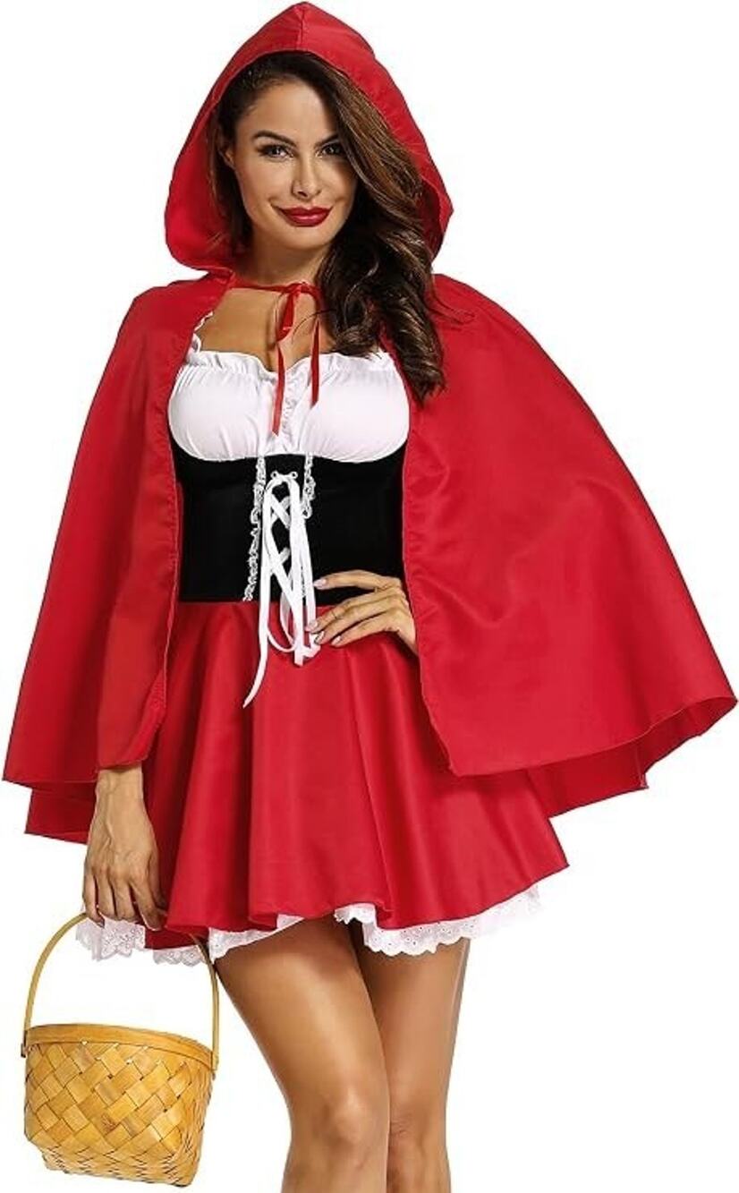 Little Red Riding Hood Women Adult Halloween Costumes with Hood Cape, SZ S